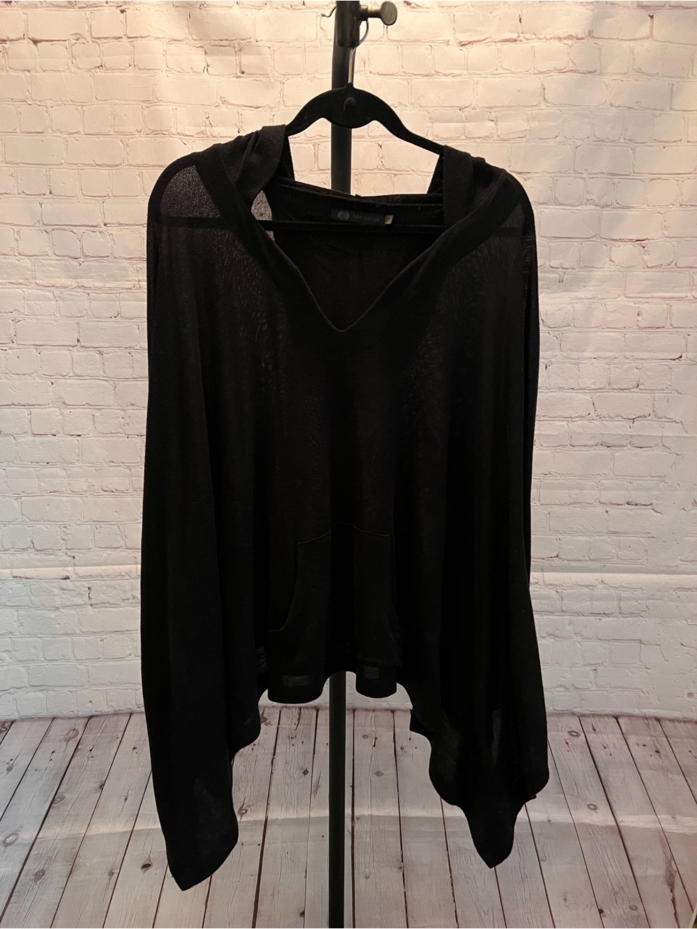 ❤️ JOHN ESHAYA Black Knit HOODED SWEATER Oversized Sheer Draped Pullover